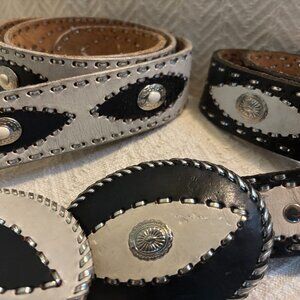 VTG Western Studded Leather Belt Pair (Black & White) 44" Concho Buckle